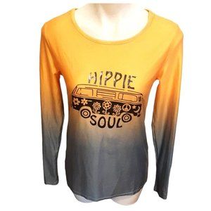 Hippie Soul T-Shirt Medium Yellow Blue-Gray Long Sleeve Peace Van Stretchy